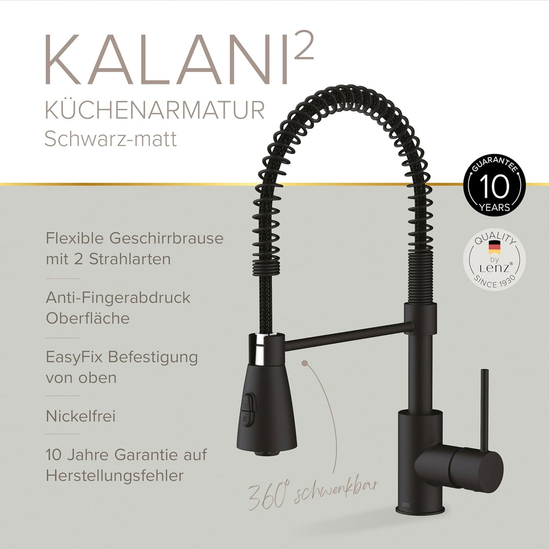 Lenz Küchenarmatur KALANI² in schwarz matt – Armatur mit schwenkbarer Halterung – einfache Installat