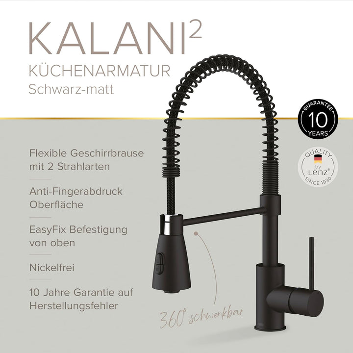 Lenz Küchenarmatur KALANI² in schwarz matt – Armatur mit schwenkbarer Halterung – einfache Installat