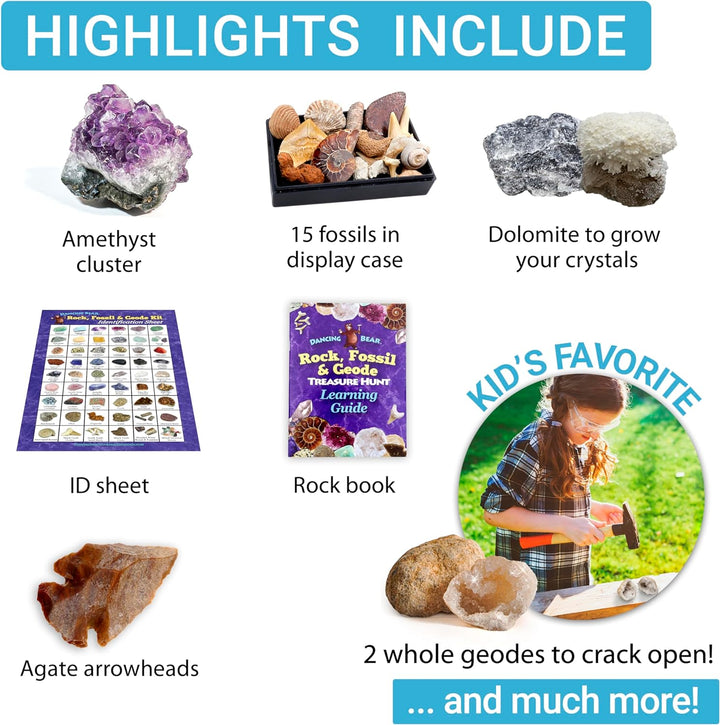 Dancing Bear's Rocks and Minerals Rock & Mineral Collection Kit mit 2 Easy Pause Geodes Activity Kit
