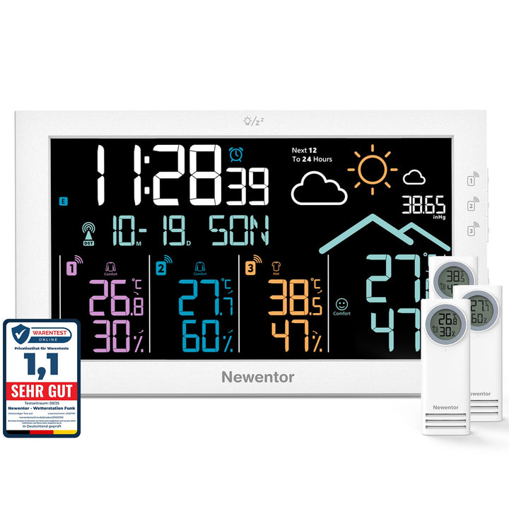 Newentor Wetterstation mit 3 Aussensensoren, Netzbetrieb, grosse Anzeige Weiss, Weiss