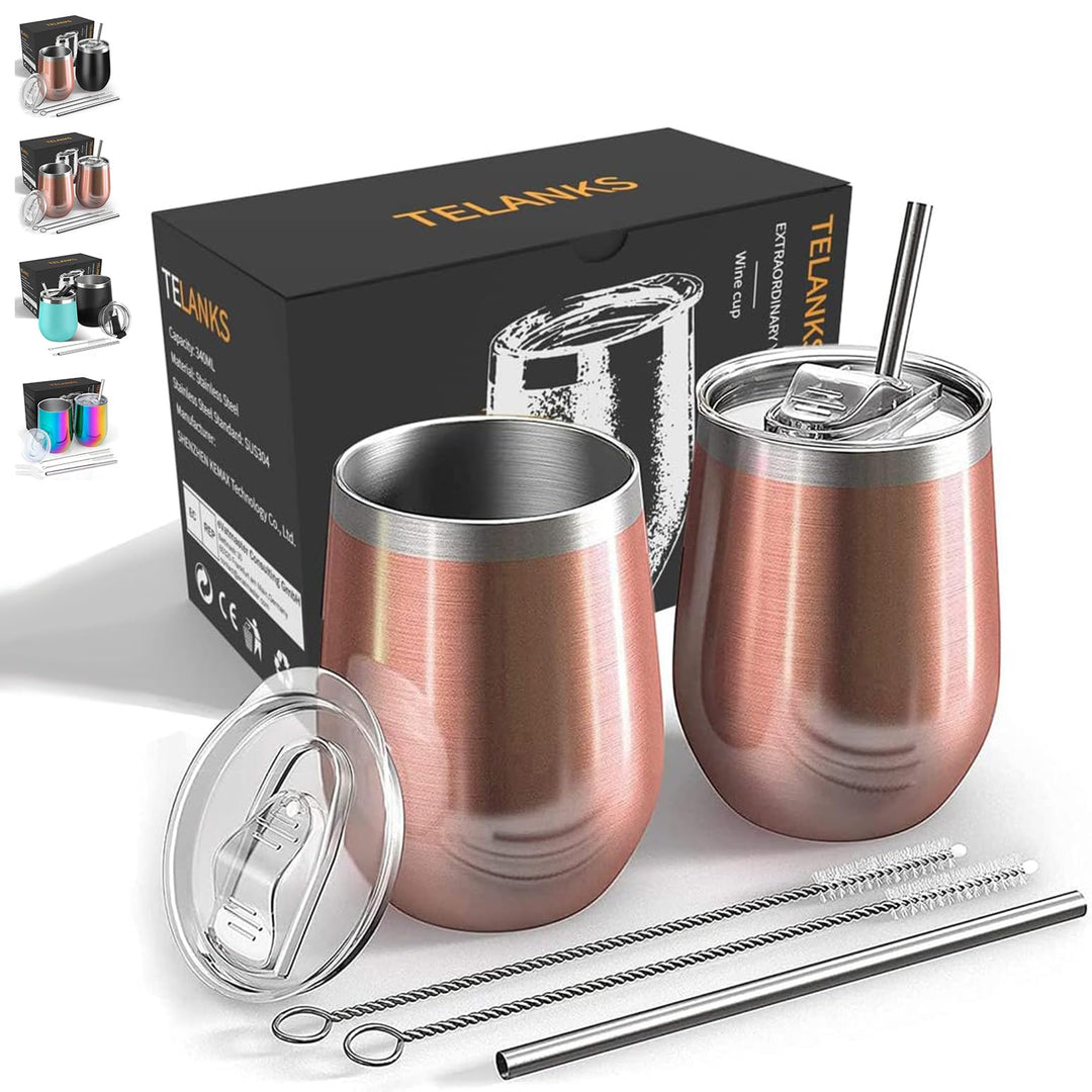 Wein Becher to go,2 Stück Weinglas to go,Edelstahl Weinbecher Isoliert mit Deckel,Sekt Camping Gesch