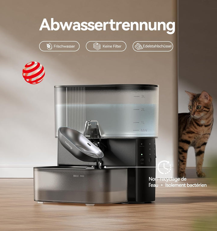 Katzenbrunnen Kabellos, FEELNEEDY Katzenbrunnen ohne Filter, mit Schmutz-Wasser-Trennung|Edelstahlsc