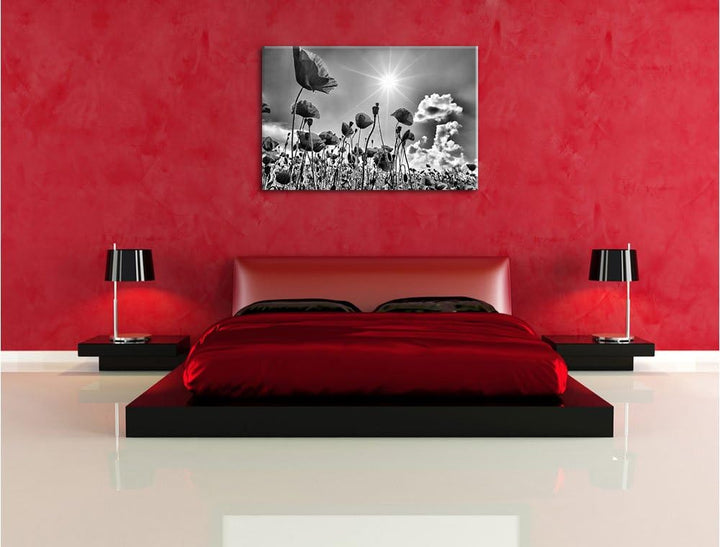 Monocrome, Mohnblumen, Format: 100x70 auf Leinwand, XXL riesige Bilder fertig gerahmt mit Keilrahmen