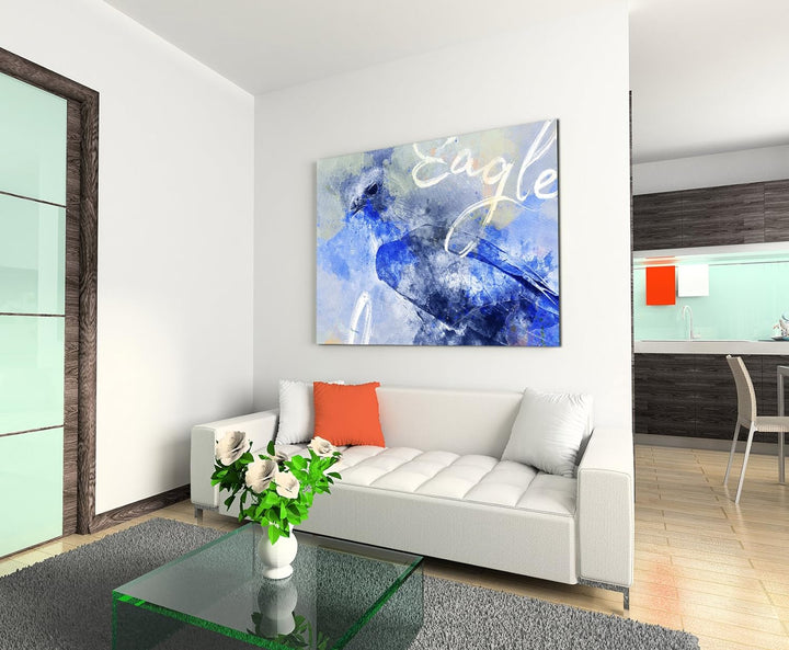 Paul Sinus Art Bild Leinwand 80x60cm Anmutiger Adler in Blautönen mit Kalligraphie, 80x60cm