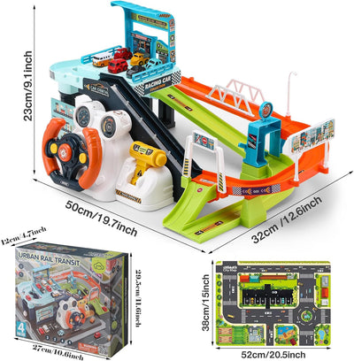 Auto Abenteuer Spielzeug Autos Rennstrecken-Spielzeug, 2 IN 1 grosses Kinderautospielzeug mit Musik,