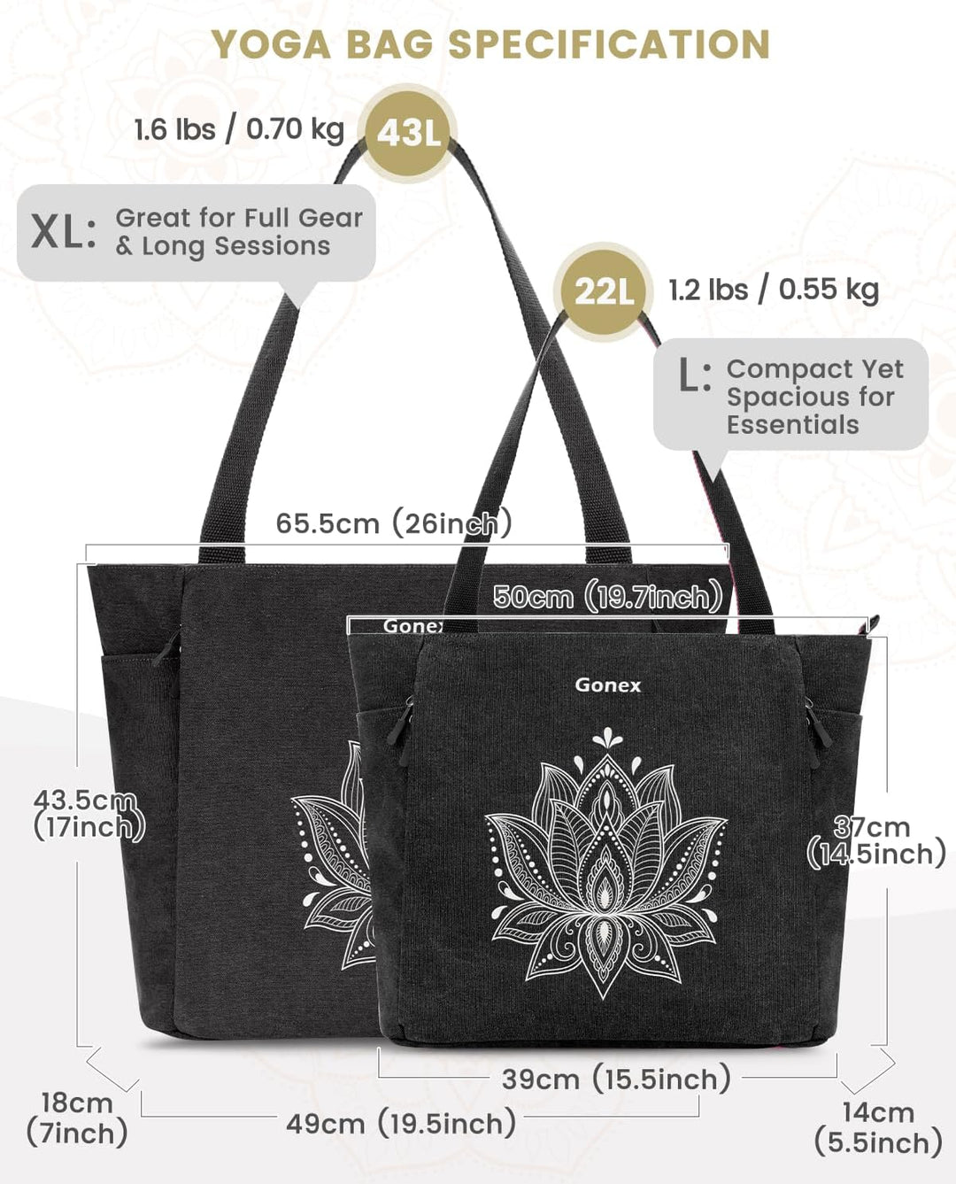 Gonex Yogatasche, Grosse Pilates Tragetasche mit Mehreren Taschen für Damen Herren, Robuste Canvas T