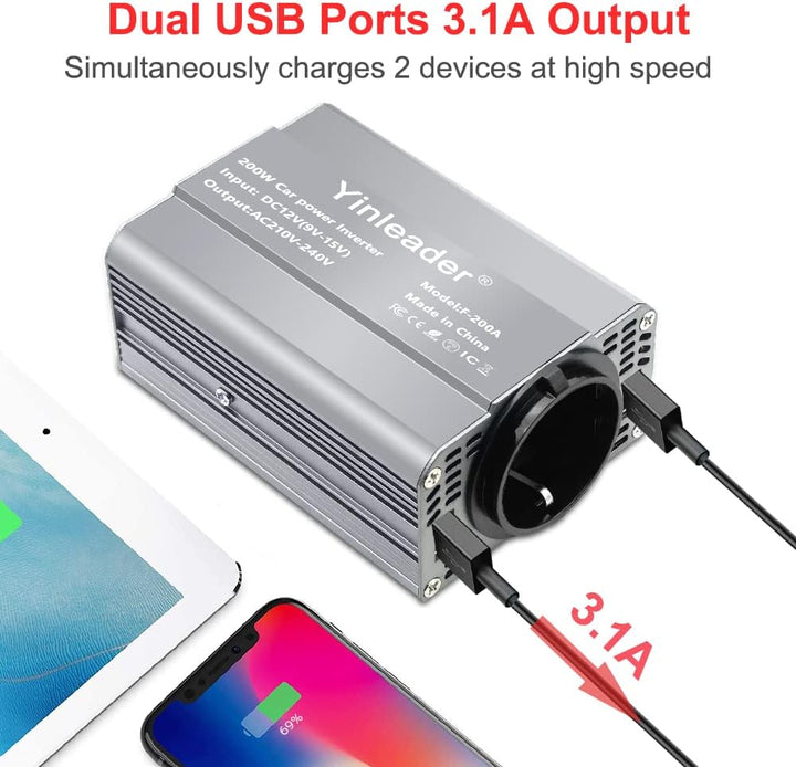 Yinleader 200W 12V auf 230V Wechselrichter 1 EU-Steckdosen 2 USB Auto -Konverter Kfz-Spannungswandle