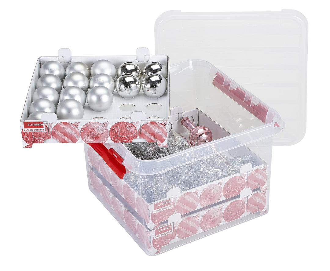 Sunware Q-Line Weihnachtsbox 26 Liter + Einsatz für 75 Weihnachtskugeln - transparent/red