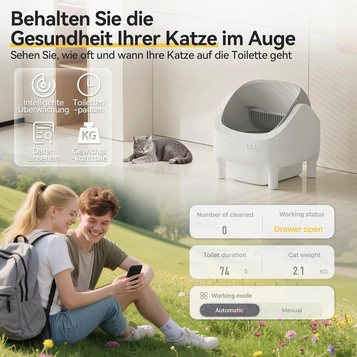 JUMMICO Selbstreiniger Katzenmüllkasten, Top Open Design, XXL Müllschalen für 15 kg Katzen, App Cont