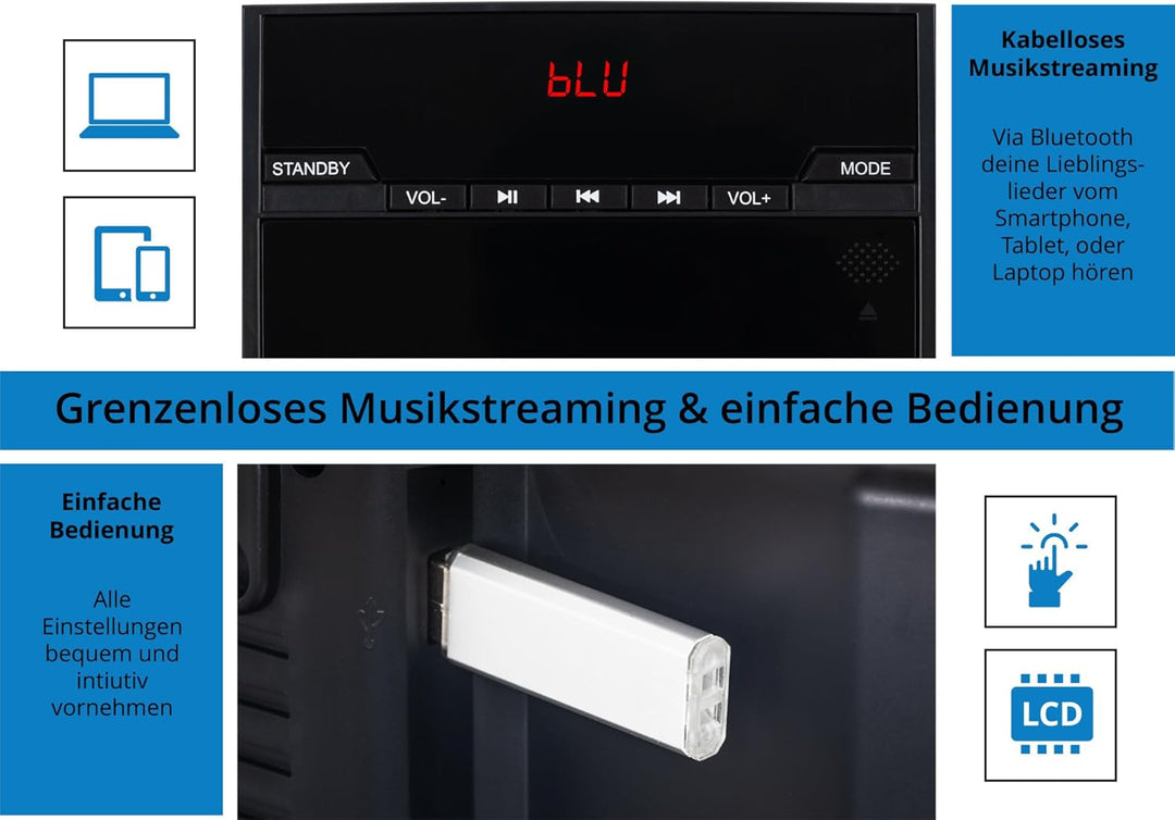 McGrey MCD-60 Vertikal Stereoanlage - Platzsparende Kompakt-HiFi mit CD/MP3-Player, USB-Slot, Blueto