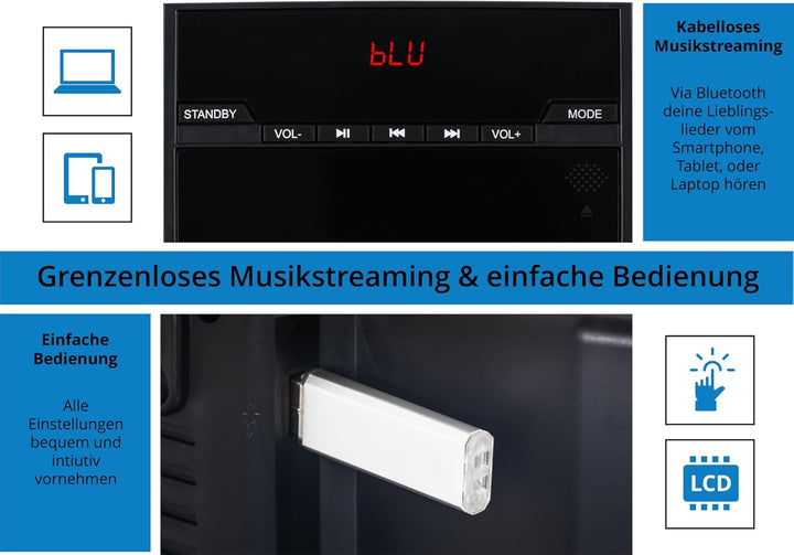 McGrey MCD-60 Vertikal Stereoanlage - Platzsparende Kompakt-HiFi mit CD/MP3-Player, USB-Slot, Blueto