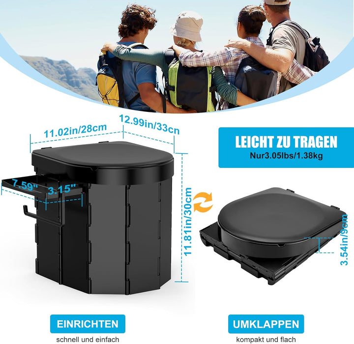WADEO Tragbare Campingtoilette mit Deckel, 30 cm hohe Mobile Toilette mit 12 Stück Toilettenbeutel,
