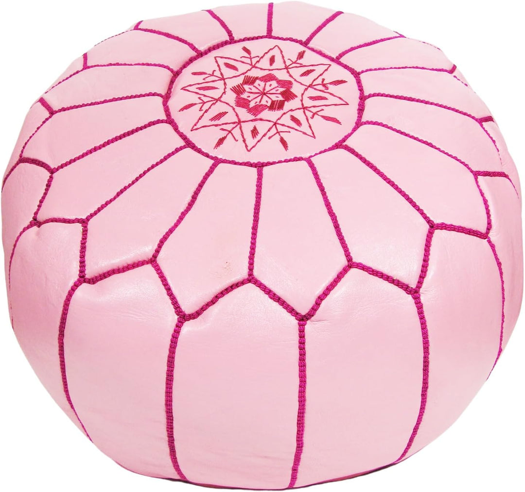 ALMADIH Leder Pouf Sitzkissen rosa mit lila Ziernaht Robustes Leder + formstabile Füllung - Traditio