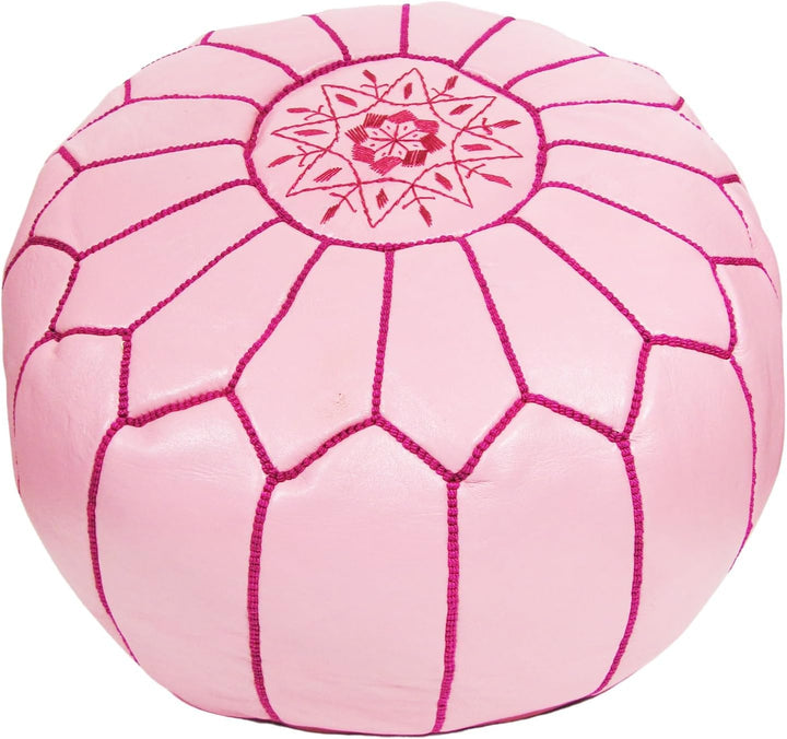ALMADIH Leder Pouf Sitzkissen rosa mit lila Ziernaht Robustes Leder + formstabile Füllung - Traditio