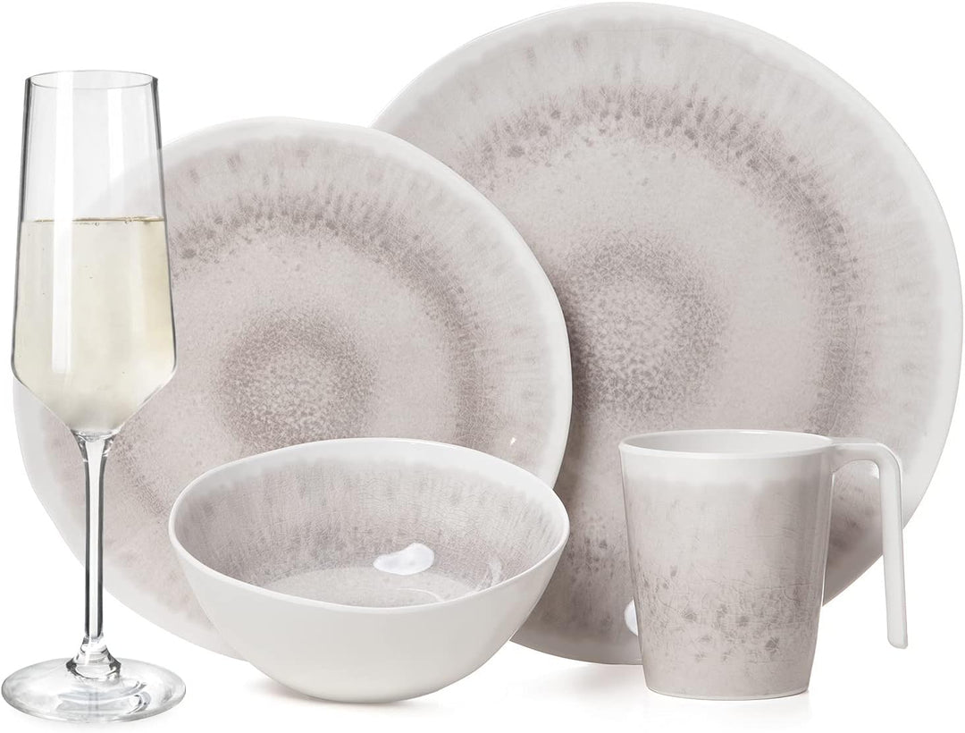 Melamin Camping Geschirr Set 4 Personen Amboss Design 16 Teilig + Milano Gläser Champagner-Gläser Fl