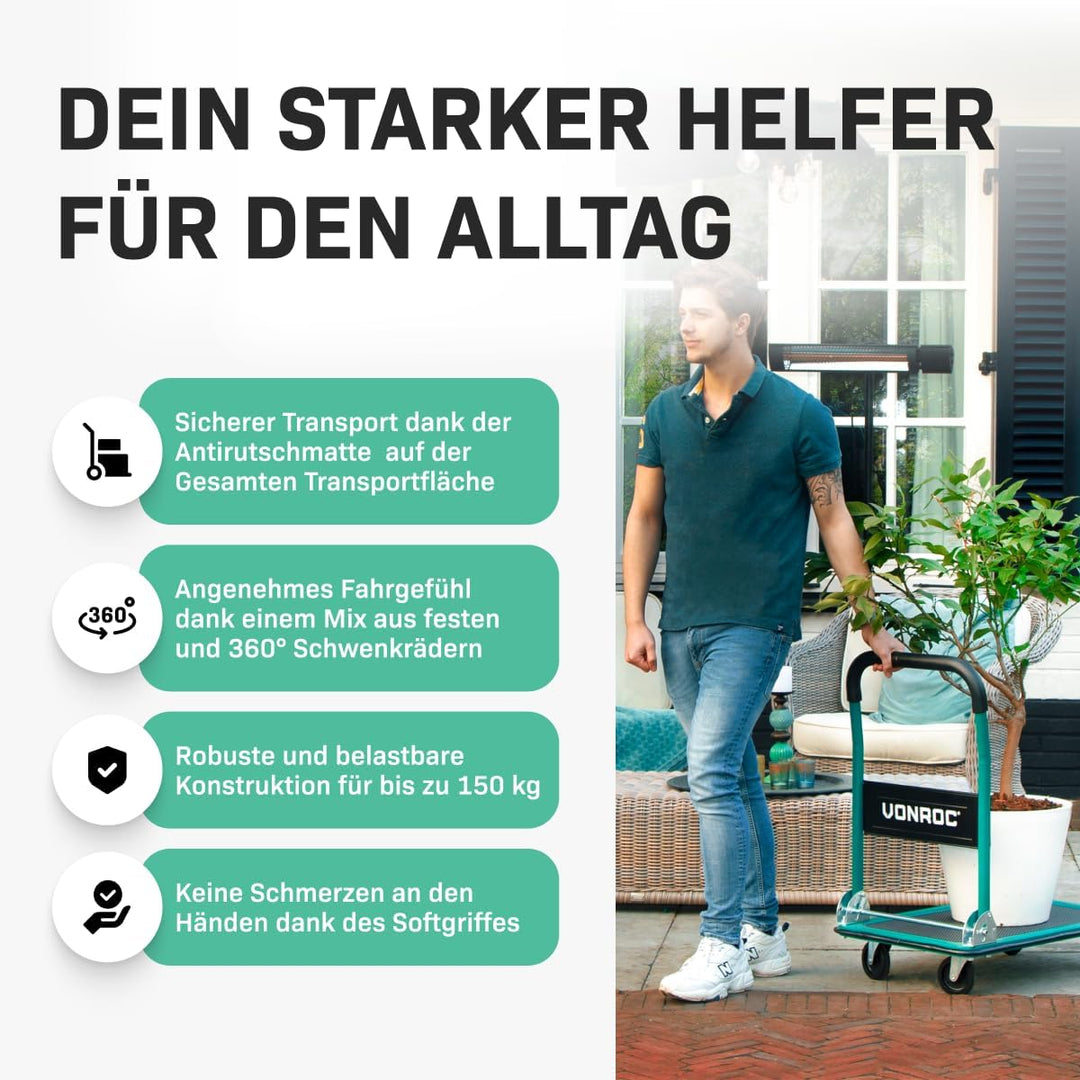 VONROC Transportwagen klappbar 150kg - Plattformwagen als Transporthilfe - Rollwagen mit Griff 150 k