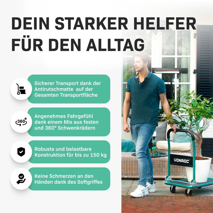 VONROC Transportwagen klappbar 150kg - Plattformwagen als Transporthilfe - Rollwagen mit Griff 150 k