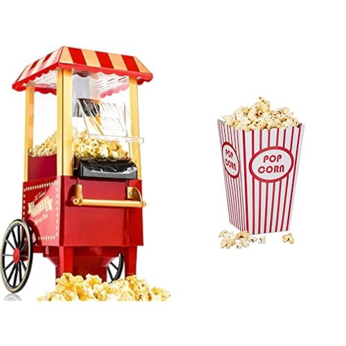 Gadgy Popcorn Maschine | Retro Popcorn Maker & Relaxdays, rot/weiss Popcorntüten, 48 Stück, gestreif