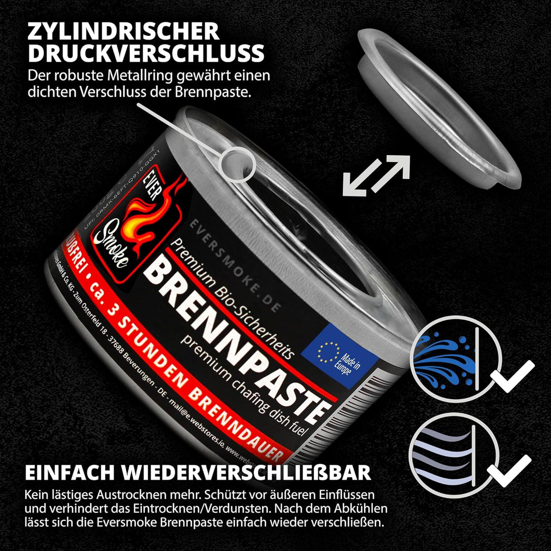 96x Eversmoke Sicherheits Premium Bio Brennpaste Brenngel Chafing Dish Speisenwärmer (96 Dosen je 20