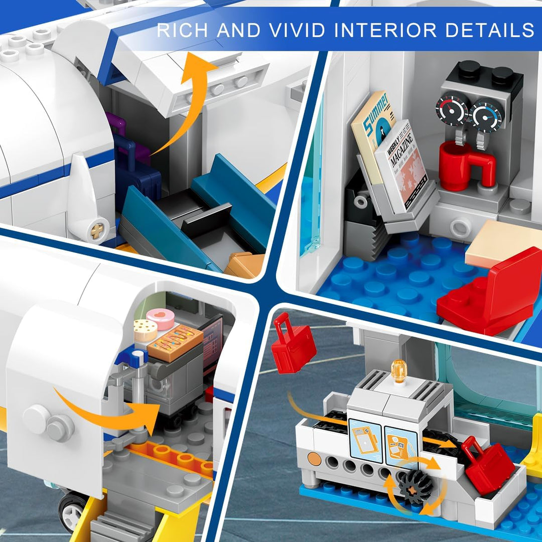 901PCS Flughafen Bauspielzeug | Grosses City Passagierflugzeug Bauset mit LED-Licht, 2 Gepäckwagen,