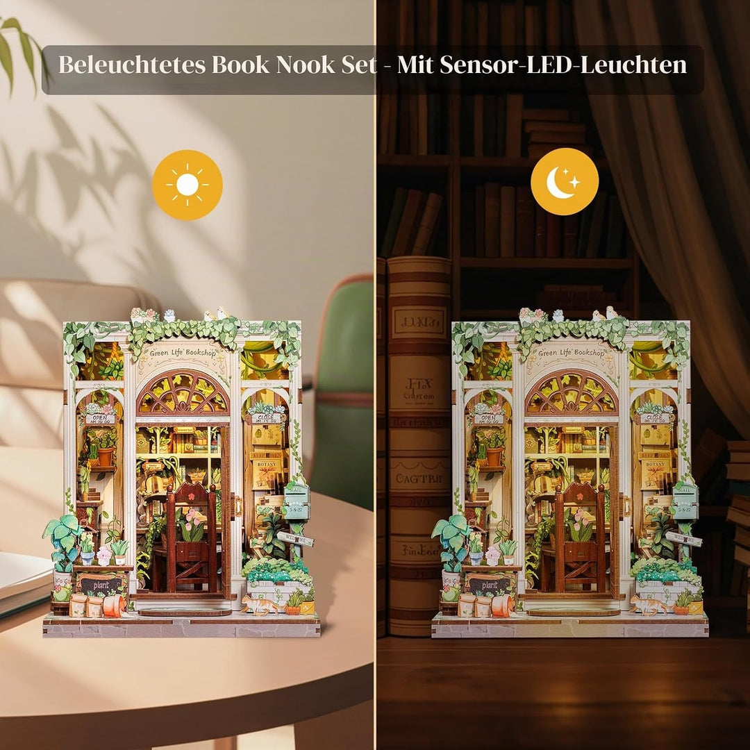 Fsolis DIY Book Nook Kit - 3D Holz Häuser Bausatz mit LED-Beleuchtung, Personalisierte Regal - für E