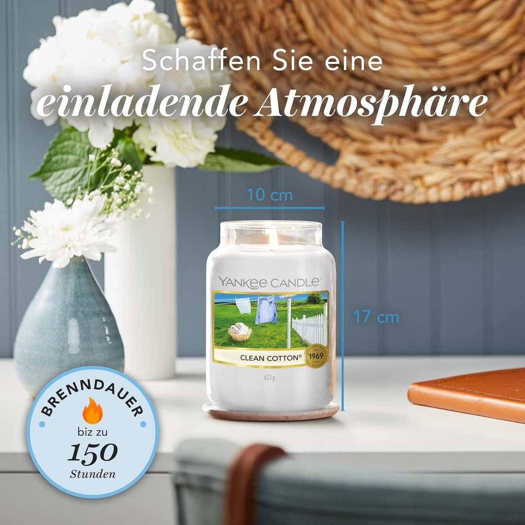 Yankee Candle Duftkerze im Glas (gross) – Clean Cotton – Kerze mit langer Brenndauer bis zu 150 Stun