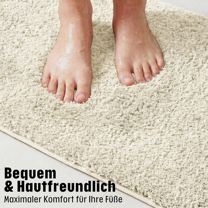WohnDirect Badezimmerteppich 60x100 cm Creme – Badematte Flauschig & rutschfest, Saugstarker Badvorl