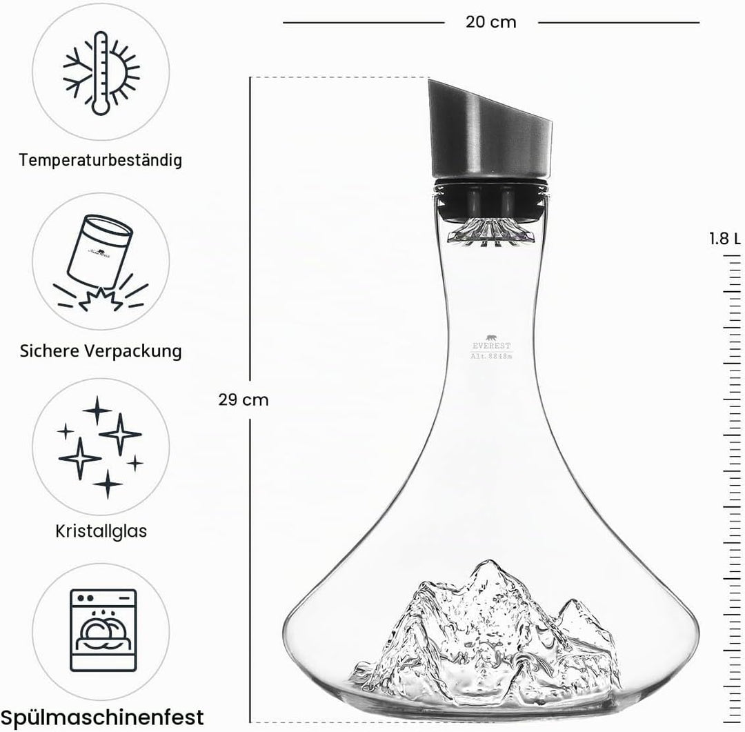 Weindekanter, 1,8 l, hochwertiges Kristallglas, handgeblasen, mit geprägten Bergen, 3-in-1 Verschlus