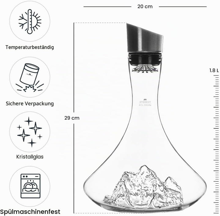Weindekanter, 1,8 l, hochwertiges Kristallglas, handgeblasen, mit geprägten Bergen, 3-in-1 Verschlus