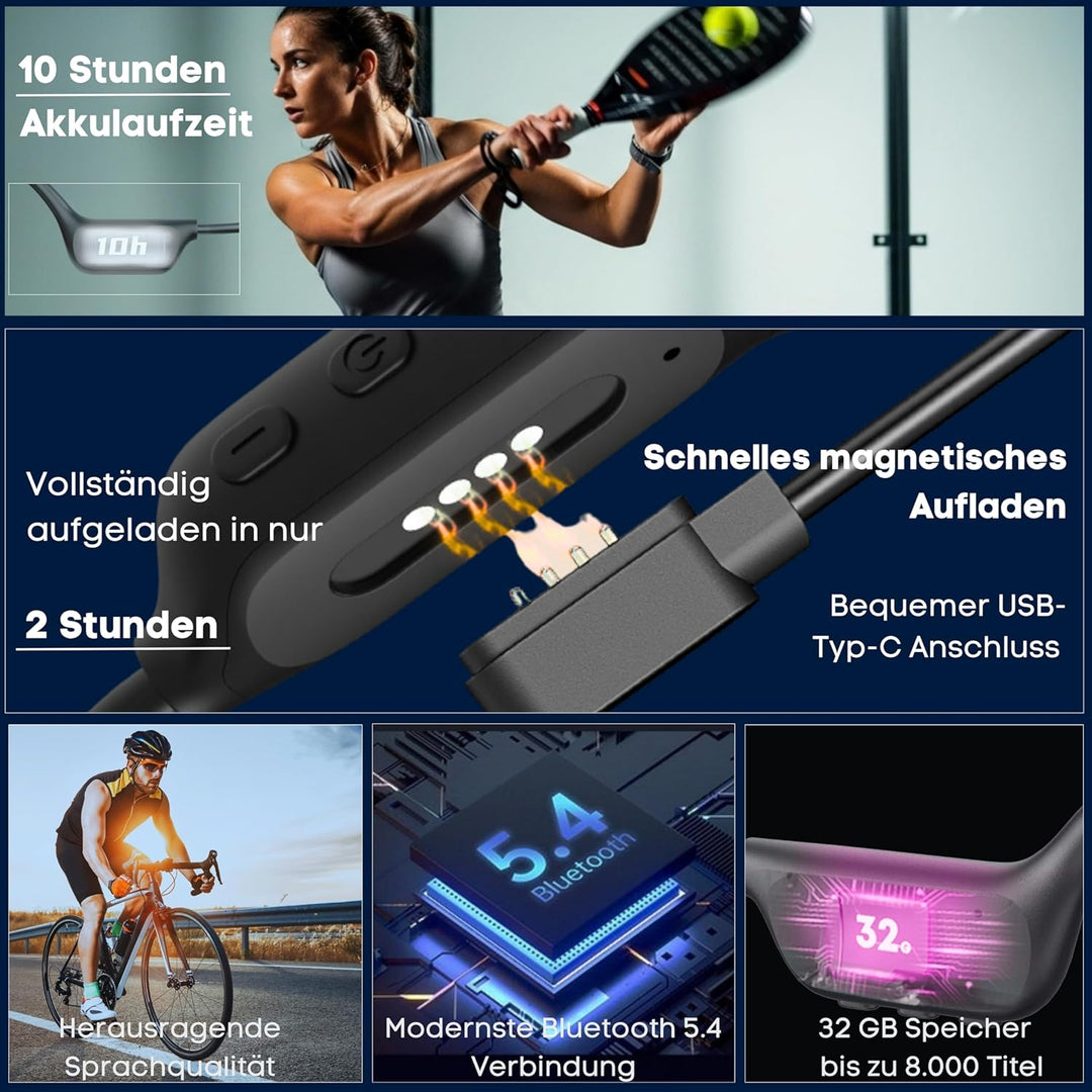 Knochenschall Kopfhörer Schwimmen, IPX8 Wasserdicht, Open-Ear Sport Kopfhörer 32GB Interner Speicher