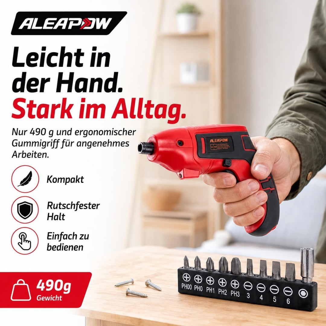 Mini Akku-Schrauber 3,6V, 200 U/Min, 5 Nm, 2000mAh, mit 9+1 Bits, LED-Licht, USB-Ladekabel – kompakt
