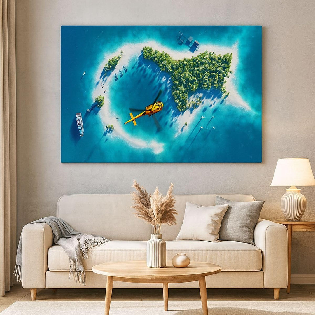 Bilder auf Leinwand 100x70cm Leinwandbild Hubschrauber Ozean Insel Paradies Gross Wanddeko Bild Schl