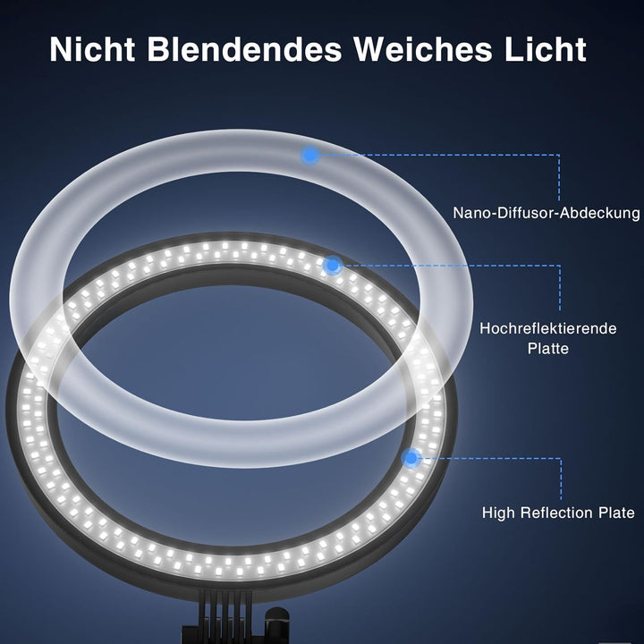 Ringlicht mit Stativ,Ring Light Tisch Selfie Licht Ringleuchte Lichtring,10.5 Zoll 3 Lichtfarben LED