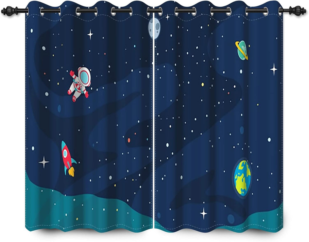 YONGFOTO 140x229cm Karikatur Muster Vorhänge, Kühle Spaceman Rakete Planeten Sterne im Weltraum, 2 P