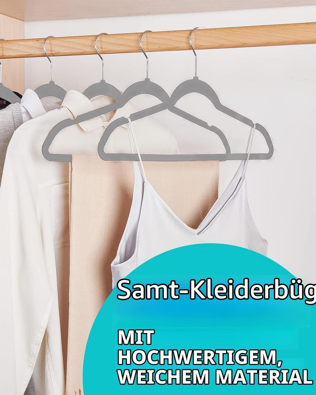 HOUSE DAY Grau Kleiderbügel 300 Stück, Samt Kleiderbügel Rutschfester Filz Bügel -Platzsparende, Pre