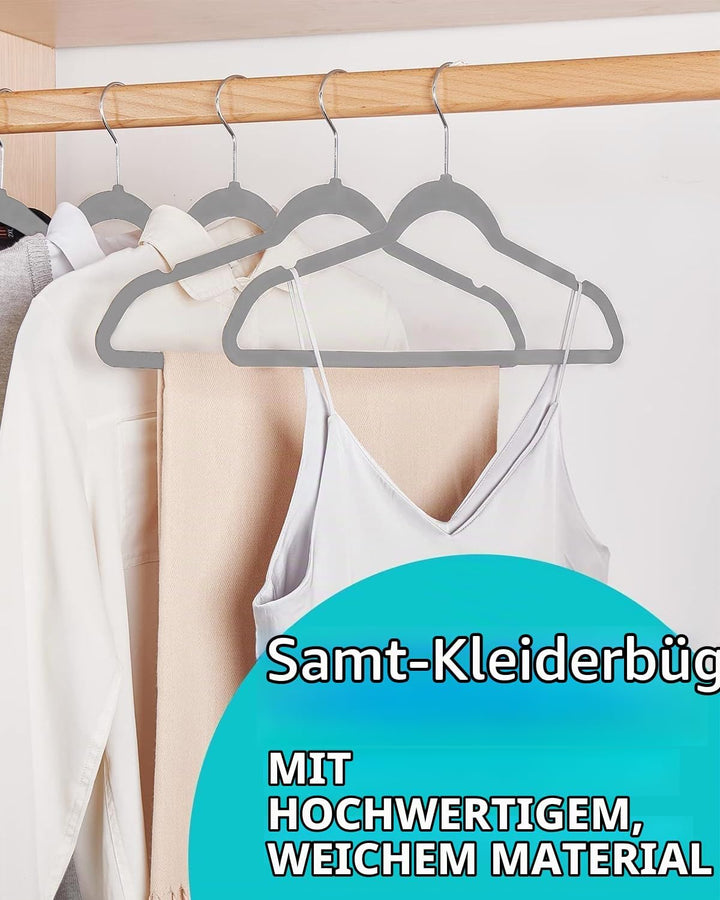 HOUSE DAY Grau Kleiderbügel 300 Stück, Samt Kleiderbügel Rutschfester Filz Bügel -Platzsparende, Pre