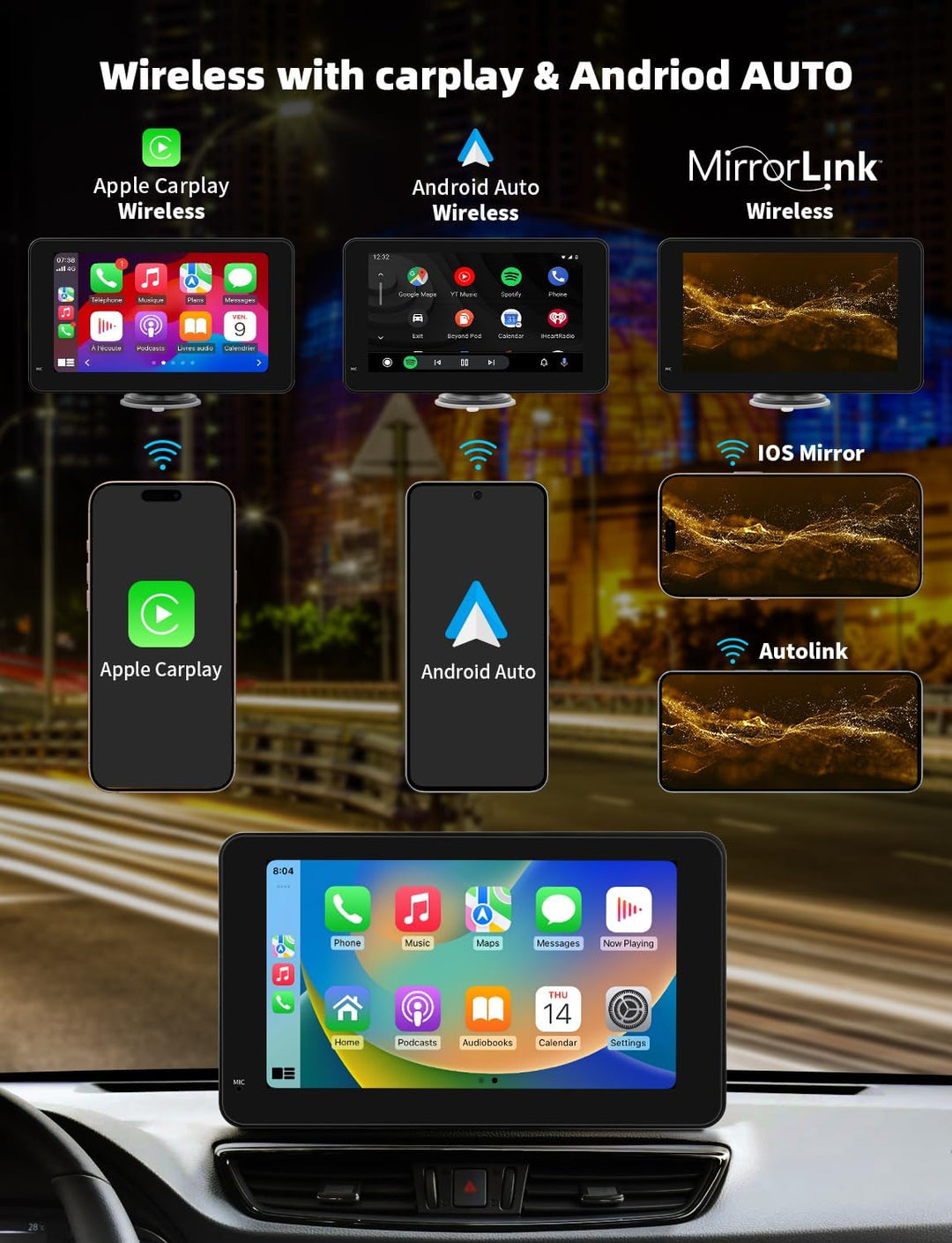 7 Zoll Carplay Display, 2025 Upgrade Android Auto Bildschirm, car Play Buddy Display mit Navigation,