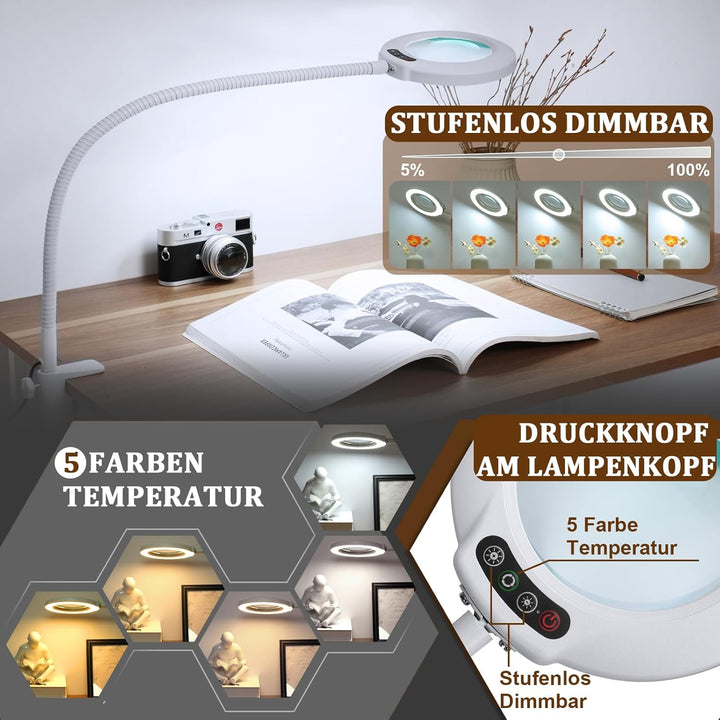 Veemagni 10X Lupe mit Licht und Klemme, Echtes Glas Lupenlampe, 5 Farbmodi Stufenlos Dimmbare, 23 Zo