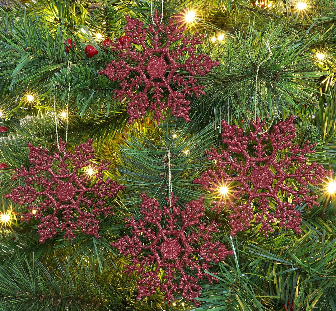 Packung mit 12-10 cm Glitter Schneeflocke zum Aufhängen - Weihnachtsschmuck… (Rioja Rot), Rioja Rot