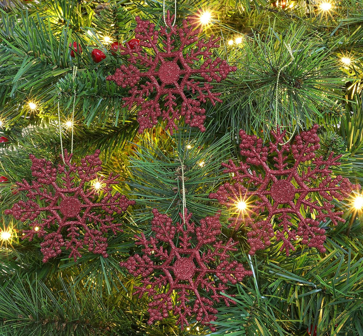 Packung mit 12-10 cm Glitter Schneeflocke zum Aufhängen - Weihnachtsschmuck… (Rioja Rot), Rioja Rot