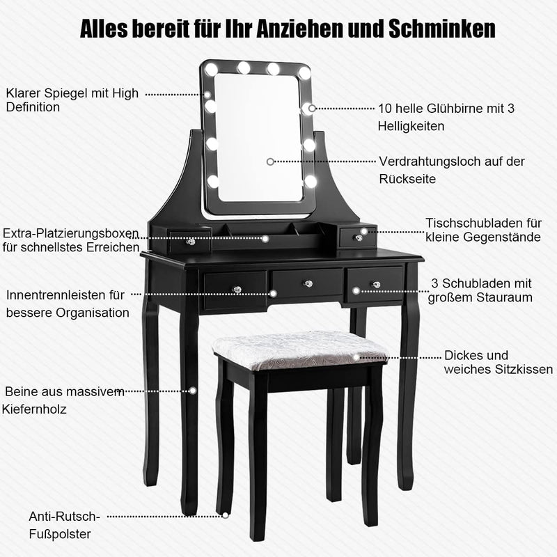 GOPLUS Schminktisch mit Spiegel und 10 LED-Birne, Kosmetiktisch mit 5 Schubladen und Organisator, Fr