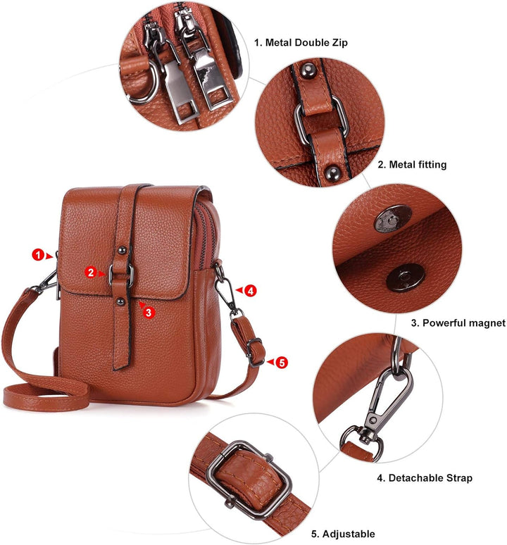 HAWEE Mode Damen Handytasche mit Riemen Echtes Leder Crossbody Handy Umhängetasche Leicht Damen Schu