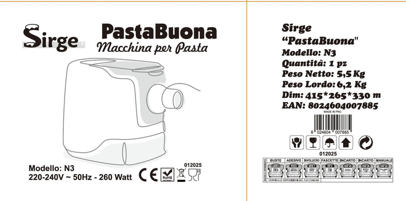 Sirge Pastabuo21 Pizza-Brot 21 Trafile – 260 Watt – 0,72 kg Teig – für alle Mehlsorten auch glutenfr