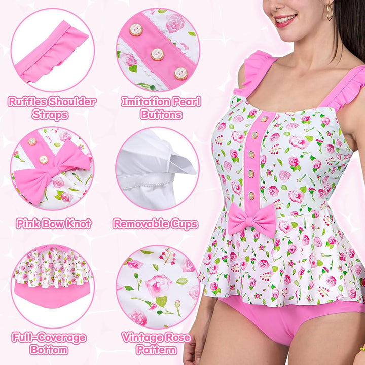 LittleForBig bescheidene Kawaii eine Stück Badebekleidung Badeanzug – Retro Rose Rosa M