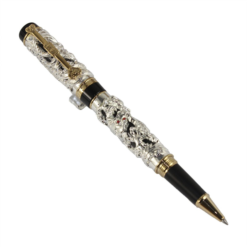 Gullor Edelste Drache und Phoenix Rollerball mit PU-Leder-Feder-Beutel - Silber und Schwarz Silver a