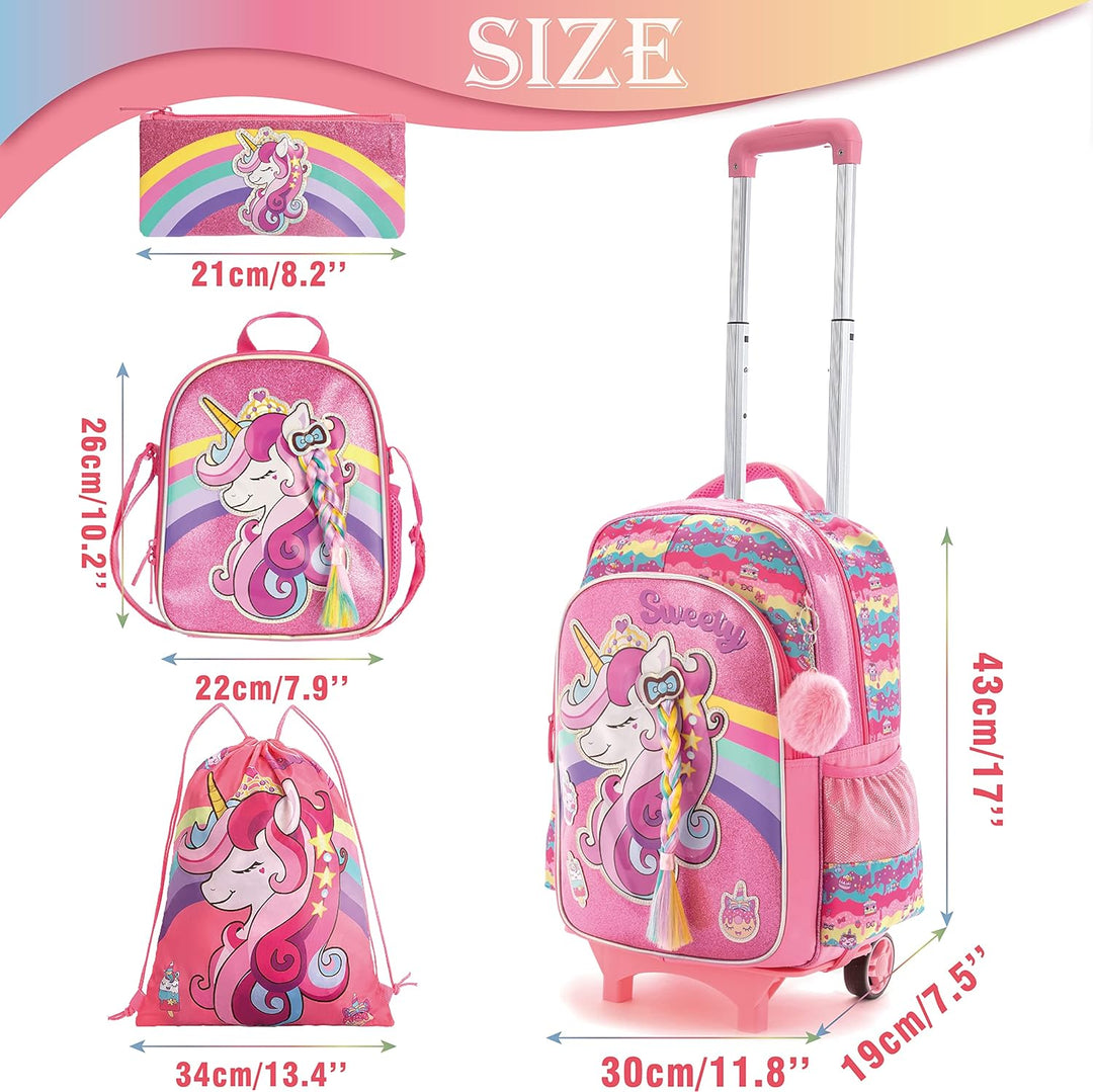 HTgroce Schulranzen Schulranzen mit Rollen Einhorn Trolley für Mädchen,16inch Schulranzen Mädchen Ei
