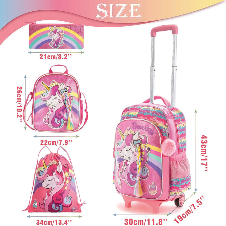 HTgroce Schulranzen Schulranzen mit Rollen Einhorn Trolley für Mädchen,16inch Schulranzen Mädchen Ei