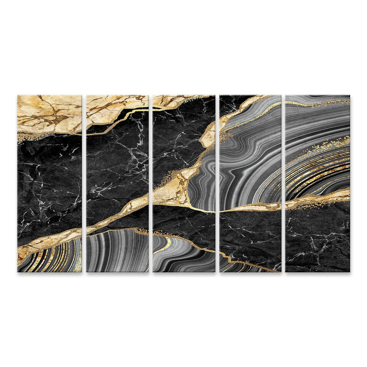islandburner Bild auf Leinwand Abstrakter Hintergrund Schwarzer Marmor und Achat Mosaik mit goldenen