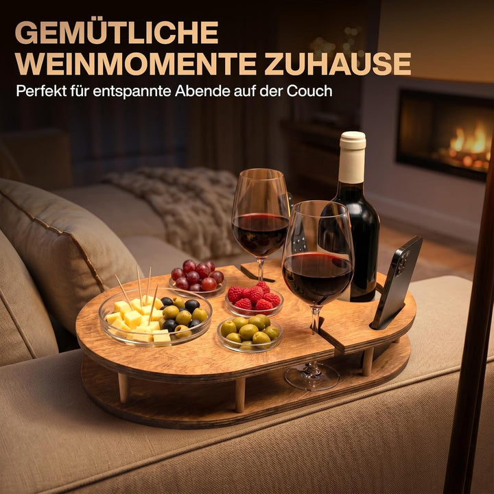 Couchbar Weinbar in Eiche mit 4 Glasschalen | PERSONALISIERBAR | Snackbox für Wein mit Getränkehalte