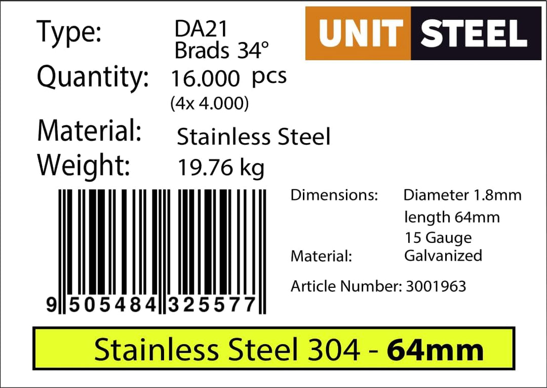 34° Stauchkopfnägel - 1,8x64mm, 4.000 stück, Nägel für Druckluft-Nagler, DA25EGB, Rostfrei Stahl, fü